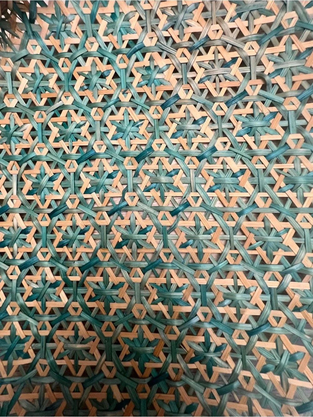 Woven Round Rattan Decorative Tray in Teal and Natural - 14”